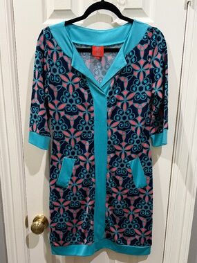TRACY NEGOSHIAN 3/4 sleeve teal & coral pattern dress—Size small